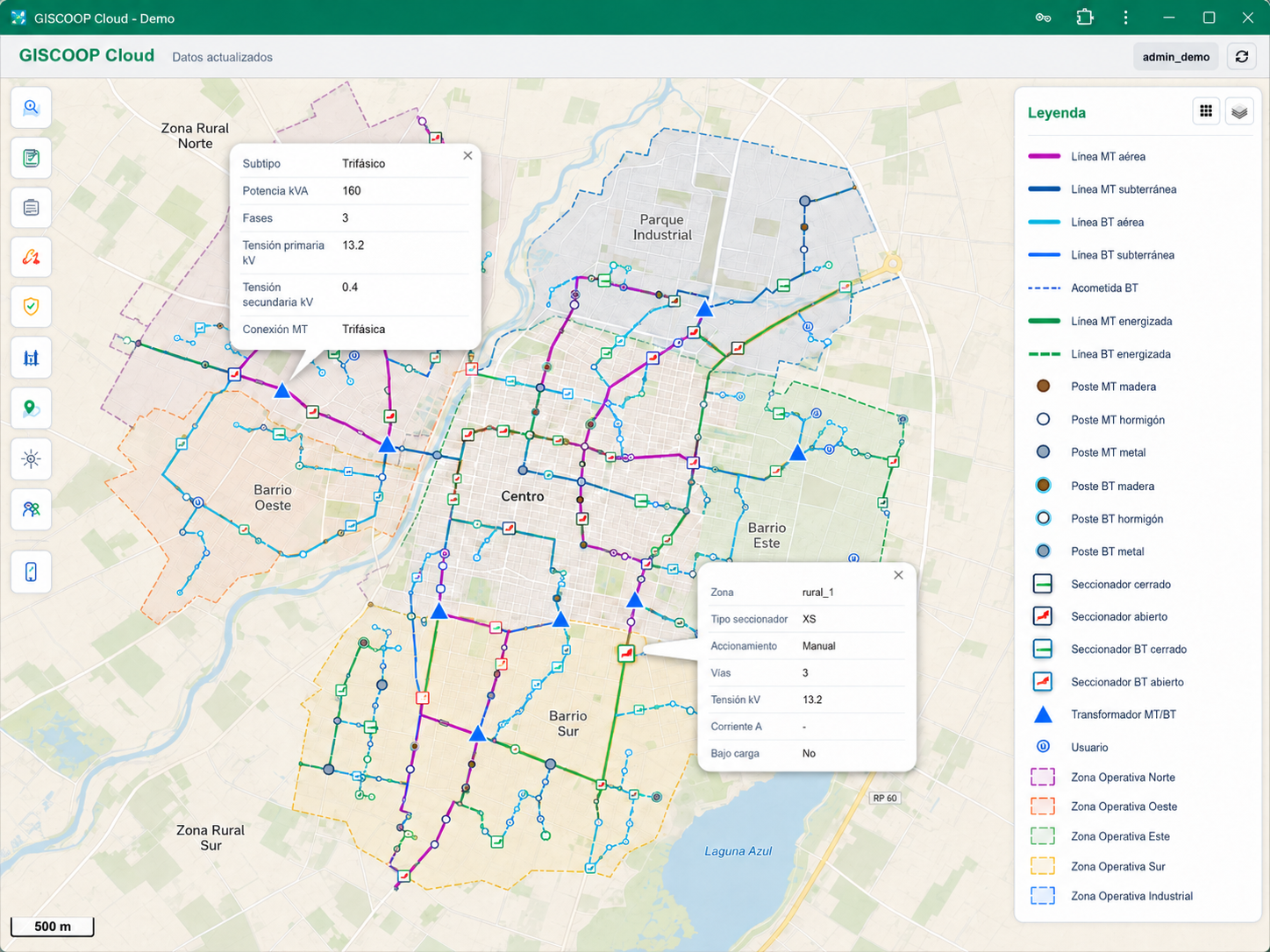 Mapa operativo de GISCOOP Cloud con consultas de transformadores y seccionadores sobre la red eléctrica