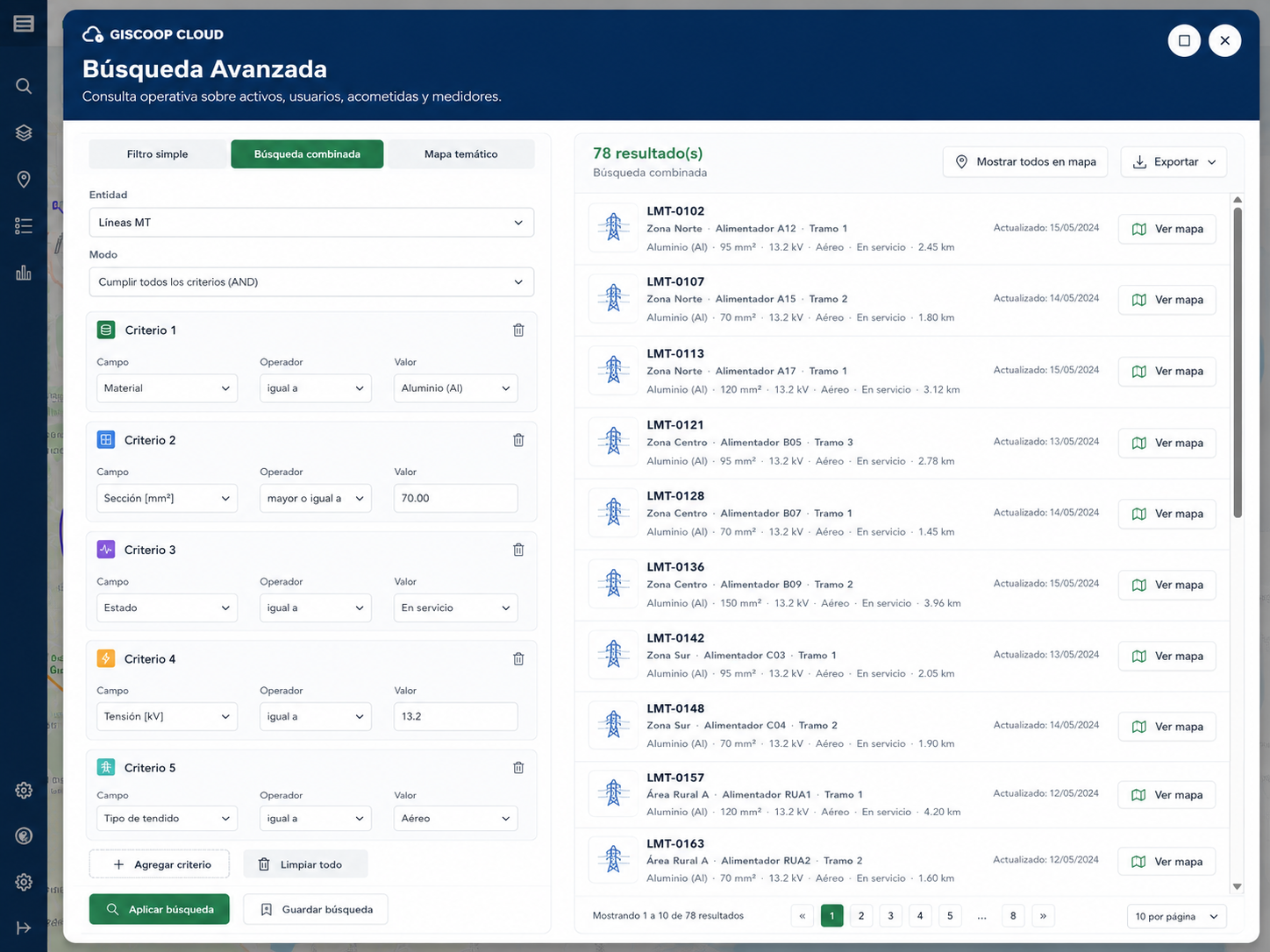 Búsqueda avanzada combinada con criterios técnicos y resultados de líneas de media tensión